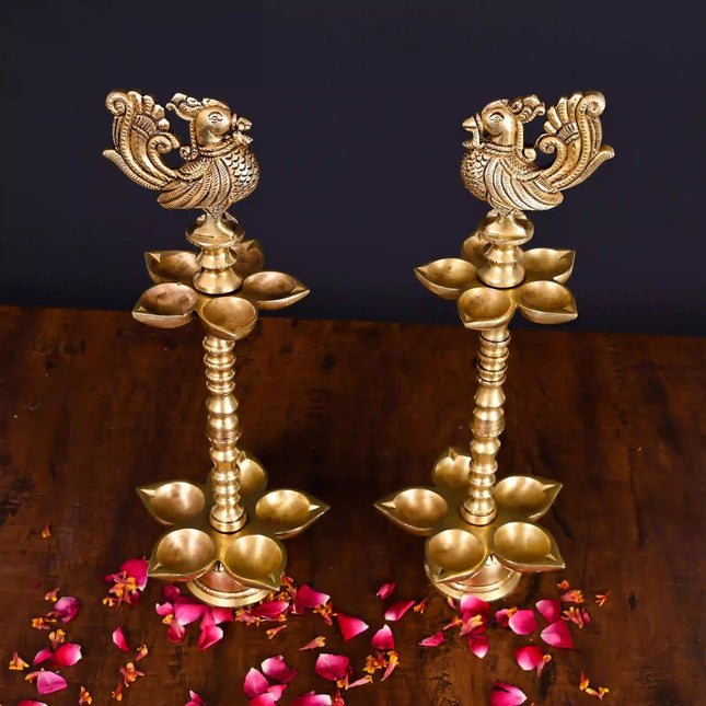 Brass Peacock Ten Petal Diya/Lamp Pair (13 Inch)