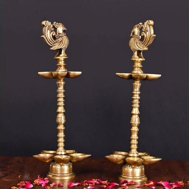 Brass Peacock Ten Petal Diya/Lamp Pair (13 Inch)