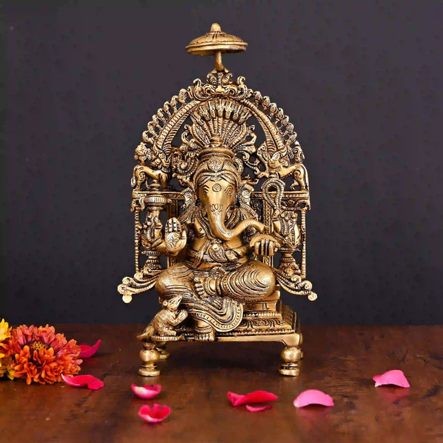 Brass Superfine Sitting Ganesha On Singhasan Idol (9.2 Inch)
