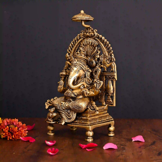 Brass Superfine Sitting Ganesha On Singhasan Idol (9.2 Inch)