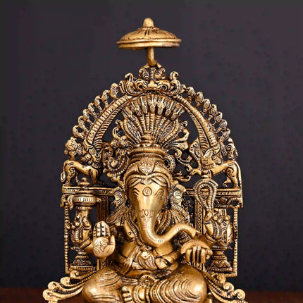 Brass Superfine Sitting Ganesha On Singhasan Idol (9.2 Inch)