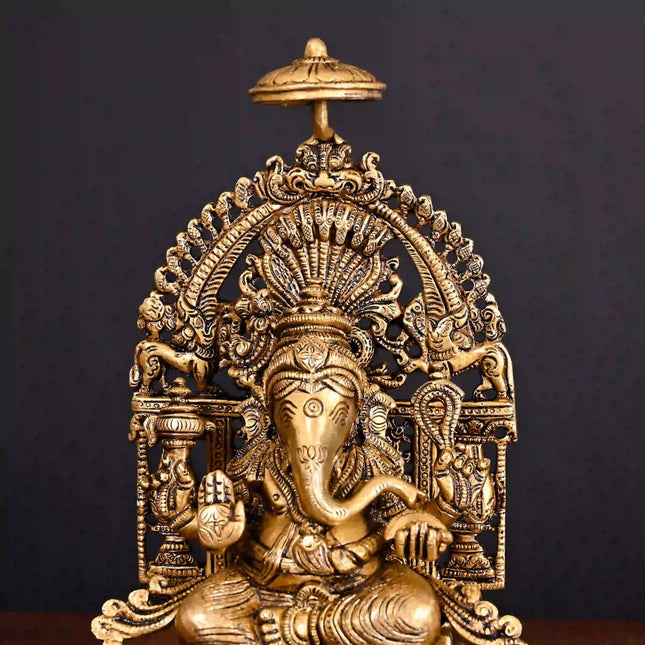 Brass Superfine Sitting Ganesha On Singhasan Idol (9.2 Inch)