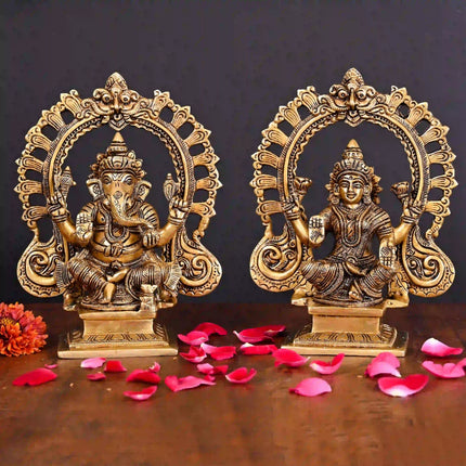 Brass Superfine Sitting Ganesha And Lakshmi On Throne Idol (8 Inch)