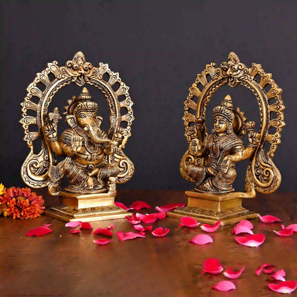Brass Superfine Sitting Ganesha And Lakshmi On Throne Idol (8 Inch)