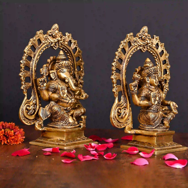Brass Superfine Sitting Ganesha And Lakshmi On Throne Idol (8 Inch)