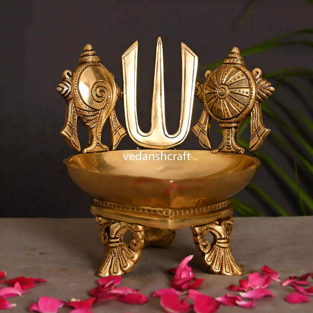 Brass Superfine Shankh Chakra Namah Diya (6.8 Inch)
