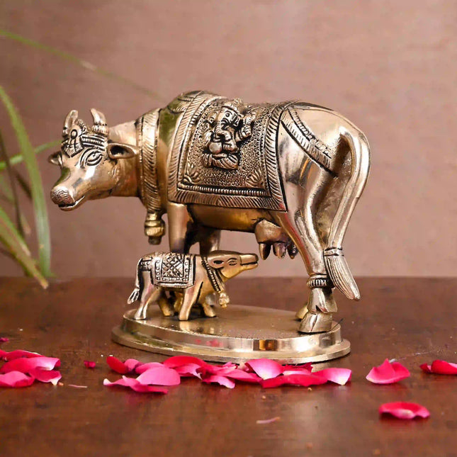 Brass Kamdhenu Cow With Calf Idol (4.5 Inch)