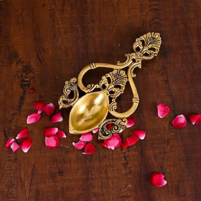 Brass Handcarved Pooja Spoon/Lamp (7.5 Inch)