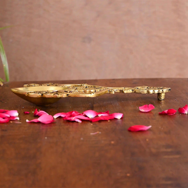 Brass Handcarved Pooja Spoon/Lamp (7.5 Inch)