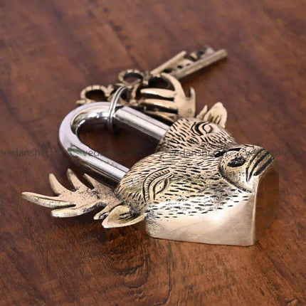 Brass Deer Face Door Lock With Two Keys (4.5 Inch)