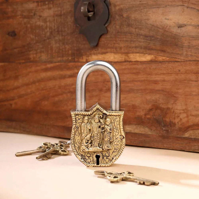 Brass Ram Darbar Door Lock With Three Brass Keys (4.5 Inch)