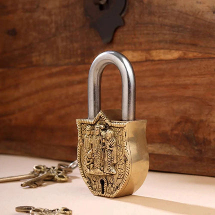 Brass Ram Darbar Door Lock With Three Brass Keys (4.5 Inch)