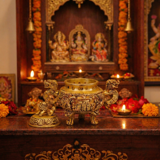 Brass Yali/Dragon Dhoop Dani & Incense Holder With Handle (4 Inch)