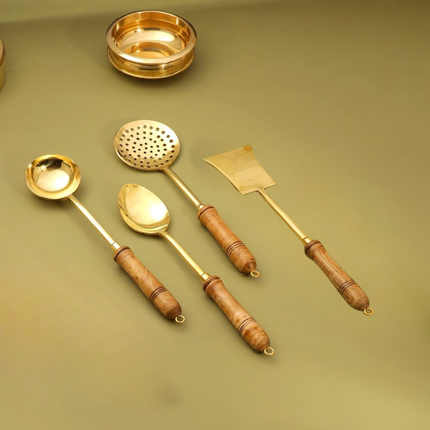 Brass Kitchen Ladles With Wooden Handle Set (14.5 Inch)