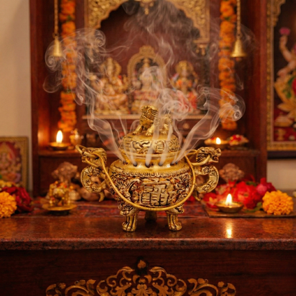 Brass Yali/Dragon Dhoop Dani & Incense Holder With Handle (4 Inch)