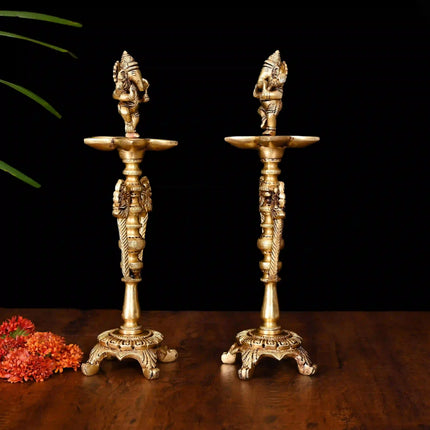 Brass Dancing Ganesha Five Petal Lamp Pair (12 Inch)