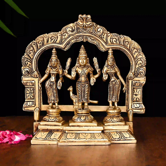 Brass Standing Lord Murugan With Devasena And Valli Idol Set (8.5 Inch)