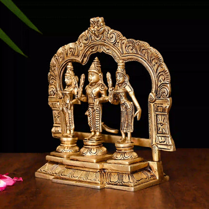 Brass Standing Lord Murugan With Devasena And Valli Idol Set (8.5 Inch)