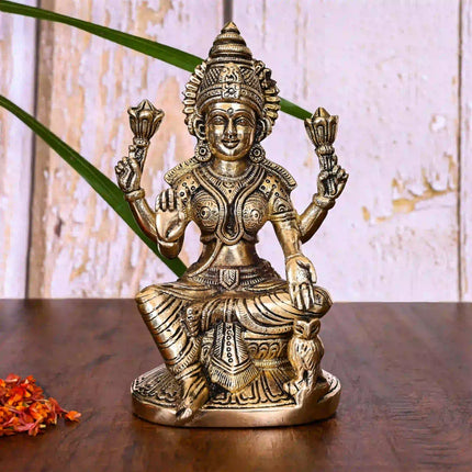 Brass Goddess Sitting Lakshmi Idol (6.8 Inch)