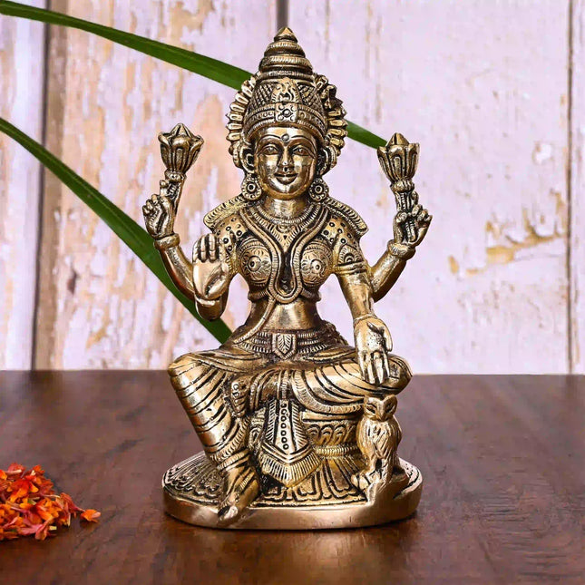 Brass Goddess Sitting Lakshmi Idol (6.8 Inch)
