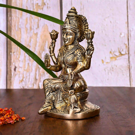 Brass Goddess Sitting Lakshmi Idol (6.8 Inch)