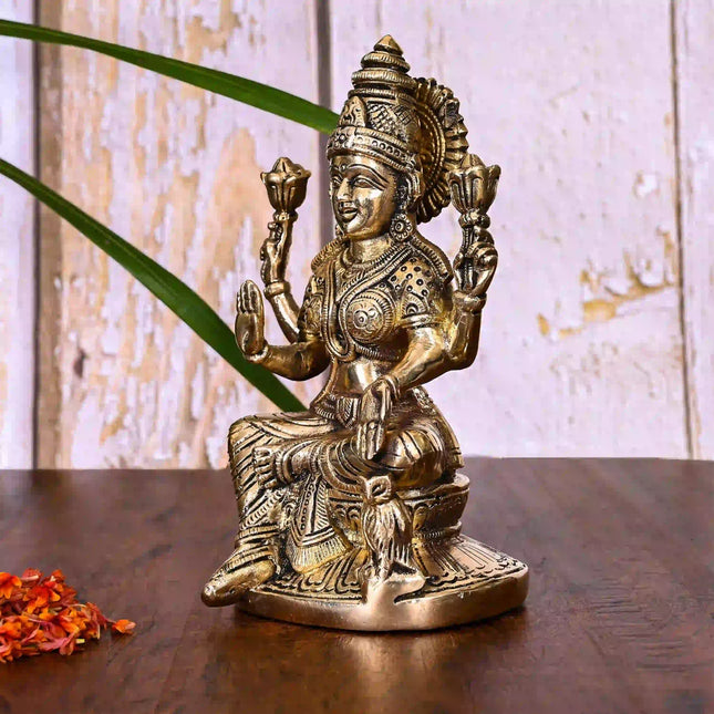Brass Goddess Sitting Lakshmi Idol (6.8 Inch)