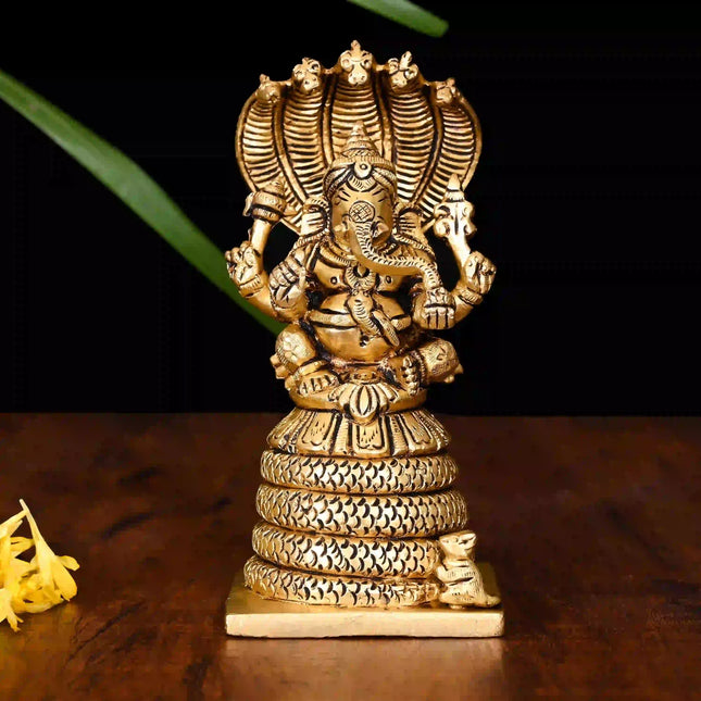 Brass Sitting Ganesha On Sheshnaag Idol (5 Inch)