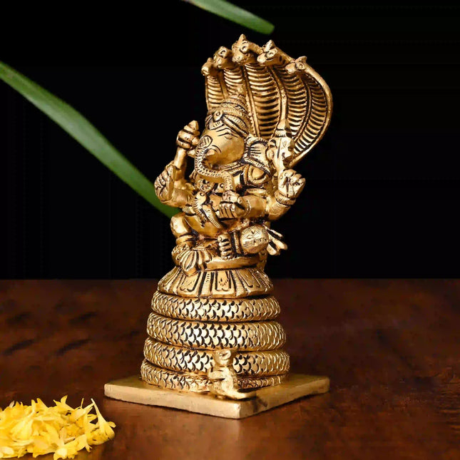 Brass Sitting Ganesha On Sheshnaag Idol (5 Inch)