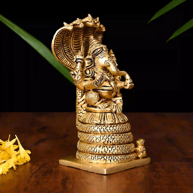 Brass Sitting Ganesha On Sheshnaag Idol (5 Inch)