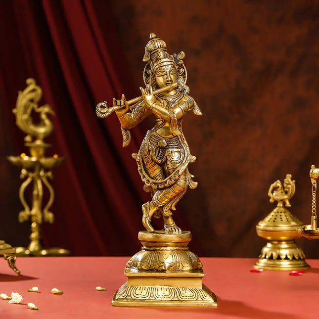 Brass Superfine Standing Lord Krishna Idol (15 Inch)