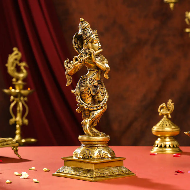 Brass Superfine Standing Lord Krishna Idol (15 Inch)