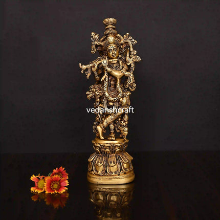 Brass Standing Lord Krishna With Base Idol/Statue (14 Inch)