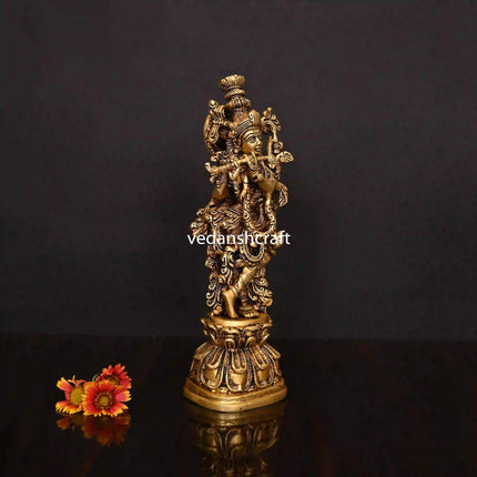 Brass Standing Lord Krishna With Base Idol/Statue (14 Inch)