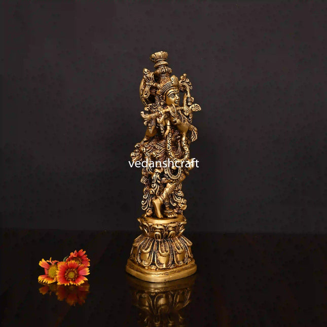 Brass Standing Lord Krishna With Base Idol/Statue (14 Inch)