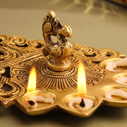 Brass Peacock Five Petal Pooja Spoon (8 Inch)