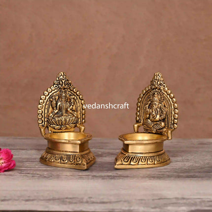 Brass Lakshmi And Ganesha Diya Set (4.5 Inch)