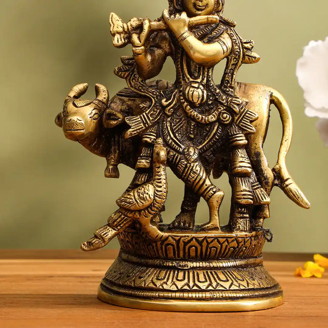 Brass Standing Krishna With Cow Idol (5.5 Inch)