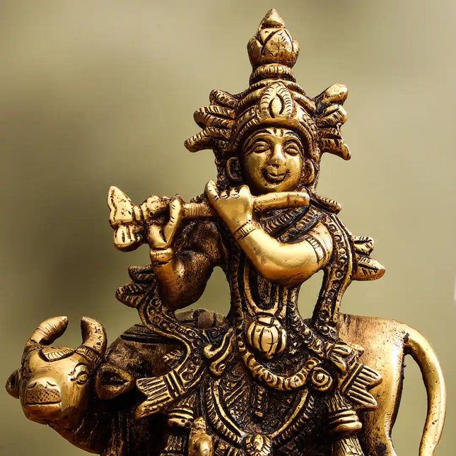 Brass Standing Krishna With Cow Idol (5.5 Inch)