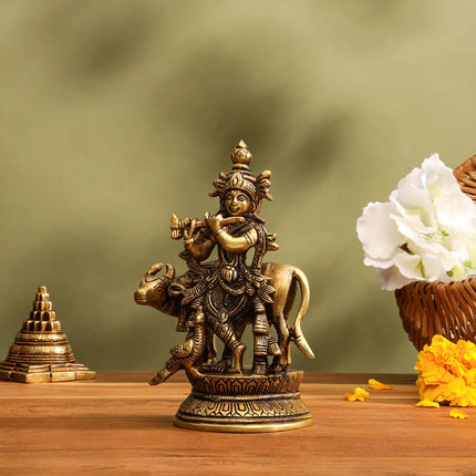 Brass Standing Krishna With Cow Idol (5.5 Inch)