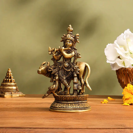 Brass Standing Krishna With Cow Idol (5.5 Inch)