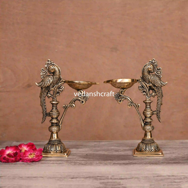 Brass Ethnic Peacock Lamp Pair (7.5 Inch)