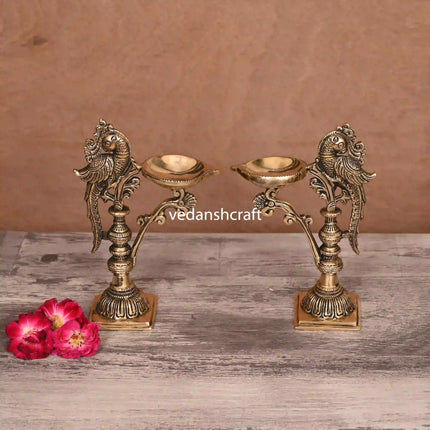 Brass Ethnic Peacock Lamp Pair (7.5 Inch)