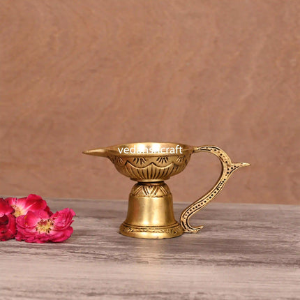 Brass Ethnic Hand carved Diya With Handle (2.5 Inch)