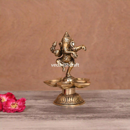 Brass Dancing Ganesha Five Petal Diya (5.5 Inch)