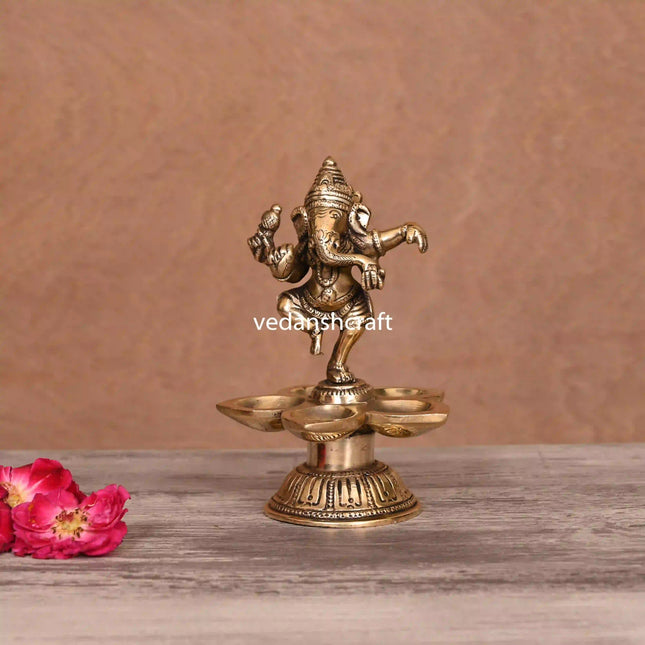 Brass Dancing Ganesha Five Petal Diya (5.5 Inch)