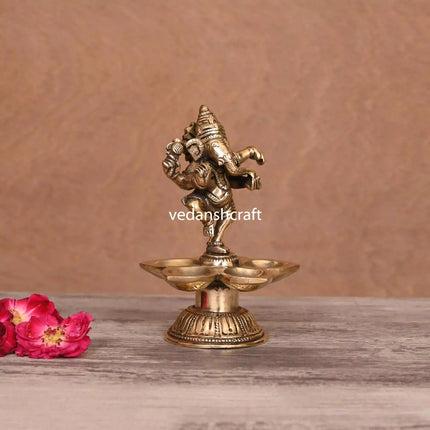Brass Dancing Ganesha Five Petal Diya (5.5 Inch)