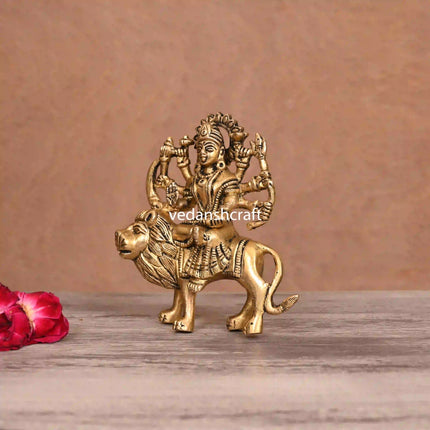 Brass Goddess Durga Sitting On Lion Idol (5"Inch)