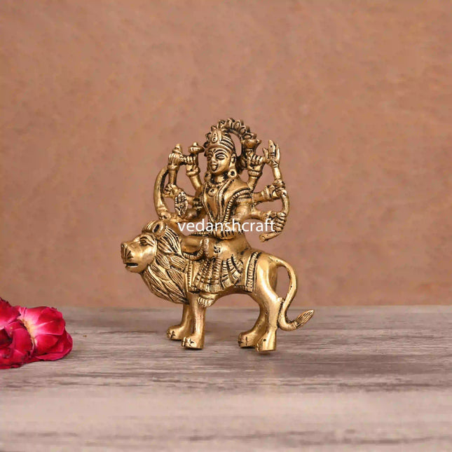 Brass Goddess Durga Sitting On Lion Idol (5"Inch)