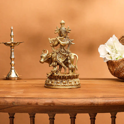 Brass Standing Krishna With Cow Idol (7 Inch)