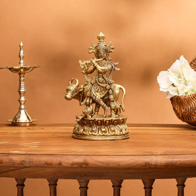 Brass Standing Krishna With Cow Idol (7 Inch)
